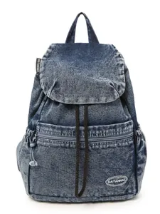 Retro dark blue washed denim backpack with drawstring closure and flap cover