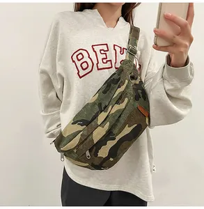 Detailed macro view of the camouflage canvas bag fabric texture and leather logo patch