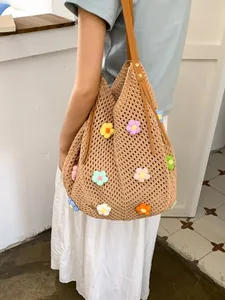 Beige crochet tote bag with 3D colorful knit flowers and brown leather shoulder straps