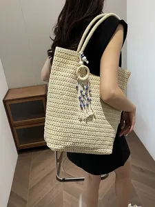 Sac Cabas de Grande Capacité en Paille Tissée pour Femmes Style Bohème pour Vacances à la Plage Avec Gland Mauvais Œil