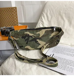 Detail of camouflage canvas crossbody bag with artistic text and adjustable strap