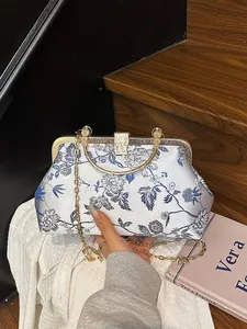 Vintage Chinese Style Floral Embroidery Evening Bag Kiss Lock Frame Handbag With Metal Handle Chain Shoulder Crossbody Bag For Women