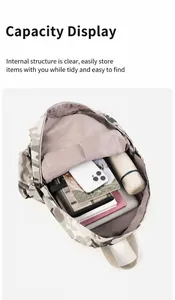 Internal view of camouflage backpack showing spacious capacity for books and water bottle