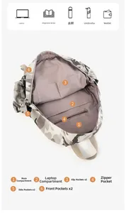 Detail view of the backpack interior with laptop compartment and multiple storage pockets