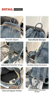Detail view of denim backpack showing smooth metal zippers and adjustable straps