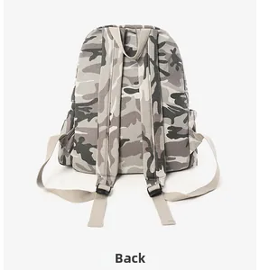 Detailed back view of camo backpack featuring padded adjustable straps and side pockets