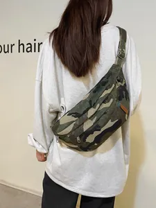 Large leopard camouflage canvas sling bag with adjustable strap and vintage fashion design
