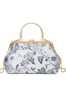 Retro Chinese style white satin handbag with blue floral pattern and gold chain strap