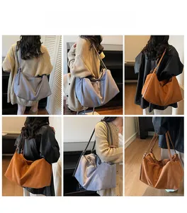 Multi-angle views of large casual tote bags in grey and brown matte soft faux suede