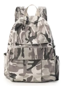 Large gray camouflage canvas backpack with multiple pockets for school and outdoor travel