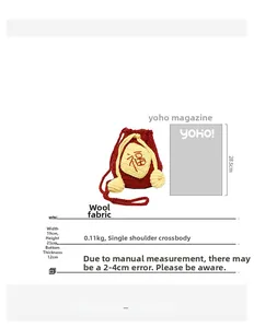 Detailed view of red crochet drawstring bag with Fu charm and 19x21x12cm size guide