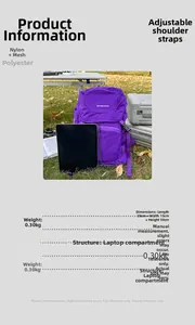 Detailansicht lila Nylon-Rucksack mit Größenangaben und innerem Laptopfach-Design