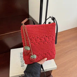 Women Handwoven Crochet Tote Bag With Strawberry Pendants Cotton Thread Hollow Floral Shoulder Crossbody Bag For Vacation Beach Daily Casual Bag
