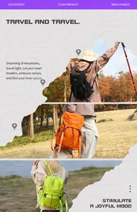 Outdoor-Rucksäcke in Orange, Grün und Schwarz in verschiedenen Naturlandschaften gezeigt