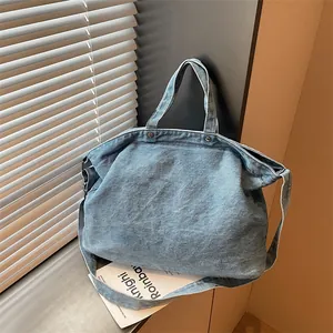 Large Capacity Denim Tote Bag For Women Vintage Washed Denim Canvas Shoulder Bag Versatile Crossbody Bag For Daily Commute