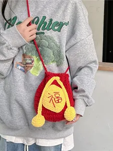Handmade Crochet Red Lucky Bag For Women Chinese Style Fu Character Crossbody Shoulder Bag Knitted Bucket Purse Gift