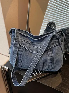 Sac Hobo en Denim Vintage pour Femmes Grande Capacité Sac à Épaule en Denim Lavé Sac Bandoulière Plissé pour Voyages