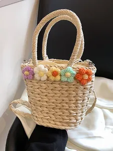 Borsa a Secchiello Intrecciata in Paglia da Donna Borsa a Mano con Fiori all'Uncinetto Borsa a Tracolla per Vacanze al Mare con Coulisse Interna Borsa da Viaggio Estiva