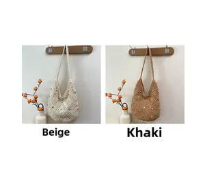 Detail of handmade hollow crochet tote bags in beige and khaki with colorful polka dots