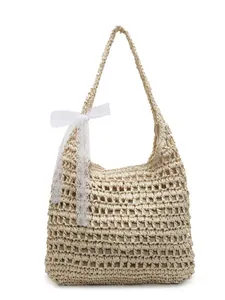 Sac à main minimaliste en paille tressée avec nœud en dentelle blanche et doublure