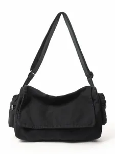 Retro schwarze Canvas Umhängetasche mit großem Fassungsvermögen und breitem Schultergurt