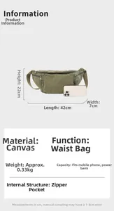 Detailed size specifications for the green canvas waist bag showing 42x22x7cm dimensions
