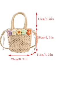 Borsa da spiaggia in paglia fatta a mano con fiori colorati e manici rotondi