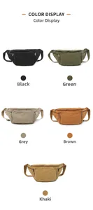 Detailed color selection showing black, green, grey, brown, and khaki canvas waist bags