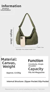 Detailed size guide of green canvas messenger bag showing dimensions and inner pockets