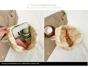 Detail view of woven shoulder bag interior showing large capacity and button closure