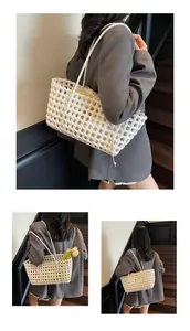Detail of white woven hollow tote bag featuring a beige drawstring inner pouch