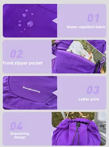 Detail eines lila wasserdichten Nylon-Rucksacks mit Kordelzug und vorderer Reißverschlusstasche