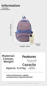 Detailed size specifications for color-block canvas backpack showing 45x36x14cm dimensions