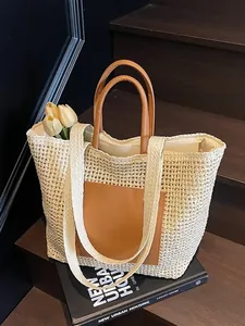 Damen Große Kapazität Stroh Gewebte Tragetasche Minimalistische Hohle Strand Handtasche Mit PU Leder Patchwork Schultertasche Für Urlaub Täglich