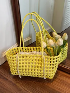 Women PVC Woven Tote Bag Hollow Out Beach Bag Vacation Shopping Basket Handbag With Drawstring Liner