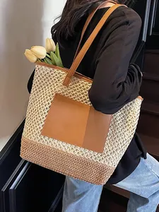 Borsa tote in paglia bicolore per spiaggia e vacanze con tasca in pelle e manici lunghi