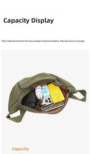 Detailed internal view showing large capacity and multi-layer storage of the canvas bag