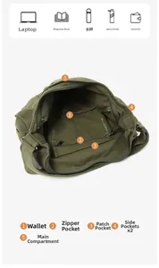 Internal structure of army green canvas messenger bag showing large capacity compartments