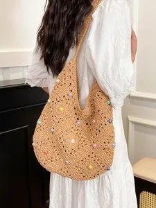 Women Bohemian Hand Crocheted Shoulder Bag Hollow Woven Tote Bag With Colorful Beads Large Capacity Beach Vacation Bag