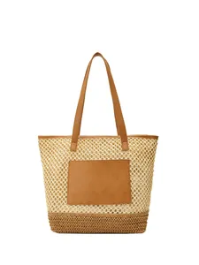 Grande borsa tote intrecciata bianco crema con manici in pelle marrone per la spiaggia