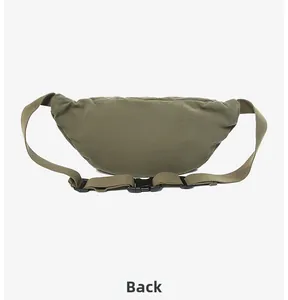 Rear view of olive green canvas waist bag showing adjustable strap and buckle closure