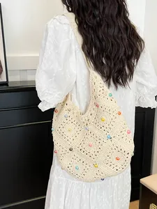 Bohemian crochet tote bag with colorful beads and hollow knit design for beach vacation