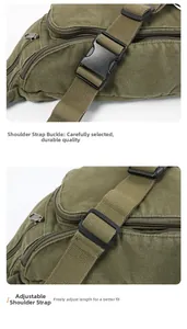 Detail view of durable military green canvas strap with plastic buckle and adjustable slider