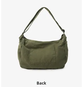 Detailed back view of vintage army green canvas messenger bag with adjustable strap