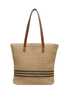 Sac fourre-tout tissé bohème avec rayures noires et anses en cuir pour la plage