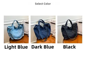 Three denim tote bags in light blue, dark blue, and black with double handles and front pocket