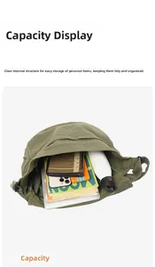 Detail view of military green canvas tote bag capacity showing books and water bottle