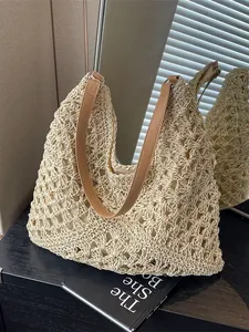 Women Large Capacity Straw Woven Tote Bag Hollow Out Crochet Shoulder Beach Bag Summer Vacation Handmade Bag With PU Strap