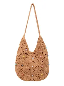 Brown crochet hollow knit shoulder bag with colorful pearls for beach holidays