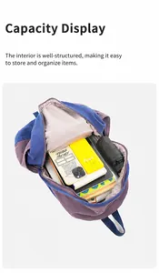 Detailed capacity view of a color-block backpack showing tablet and daily essentials